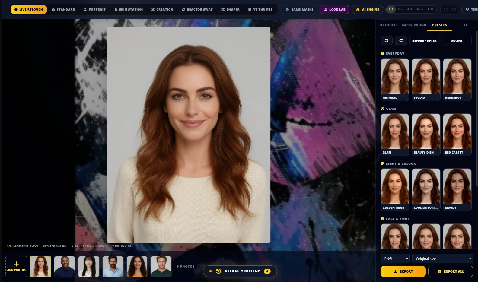 The retouch studio with a portrait of a woman with long auburn hair, a strip of six different people along the bottom, and a Presets panel of thumbnail cards grouped under Everyday, Glam, Light and colour, and Face and smile.