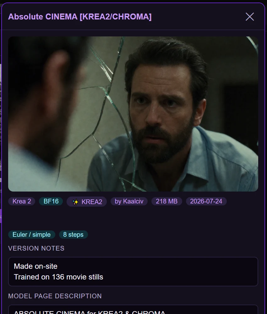 A details panel for a LoRA showing its preview image, base model, precision, creator and size pills, suggested sampler and step count, and version notes pulled from CivitAI.